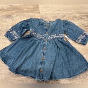 Old Navy Denim Blue Kids Dress with Floral Embroidery